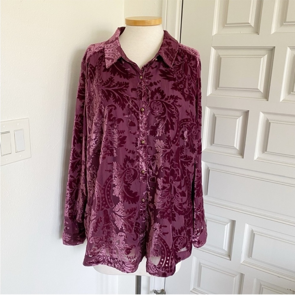 NWT Soft Surroundings Floreat Velvet Shirt Purple Wine Button Top Large 1X